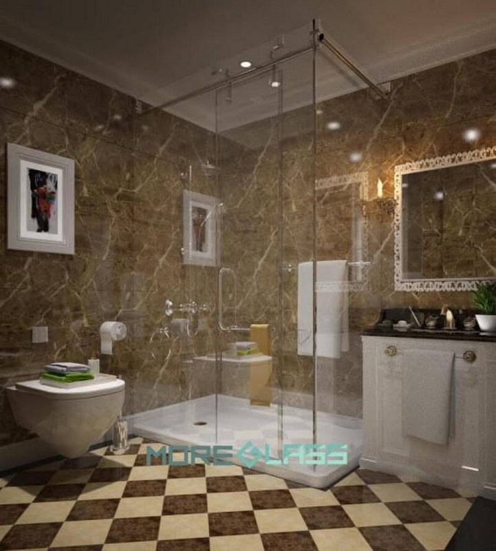 Thiết kế và thi công vách tắm kính cường lực cửa trượt hiện đại tiết kiệm không gian.