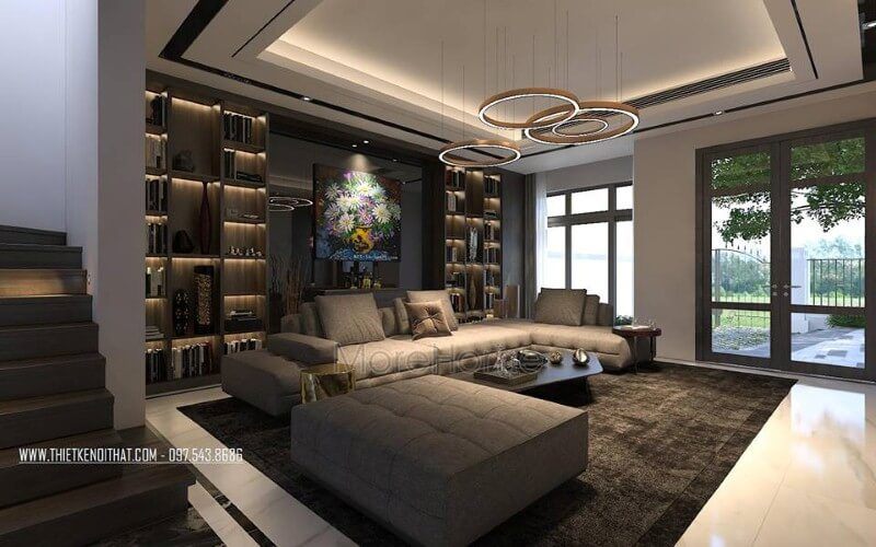 Thiết kế nội thất phòng khách biệt thự, nhà phố sử dụng sắc trầm chủ đạo nhưng vẫn tạo nên không gian thông thoáng bởi hệ cửa kính rộng thông thoáng.