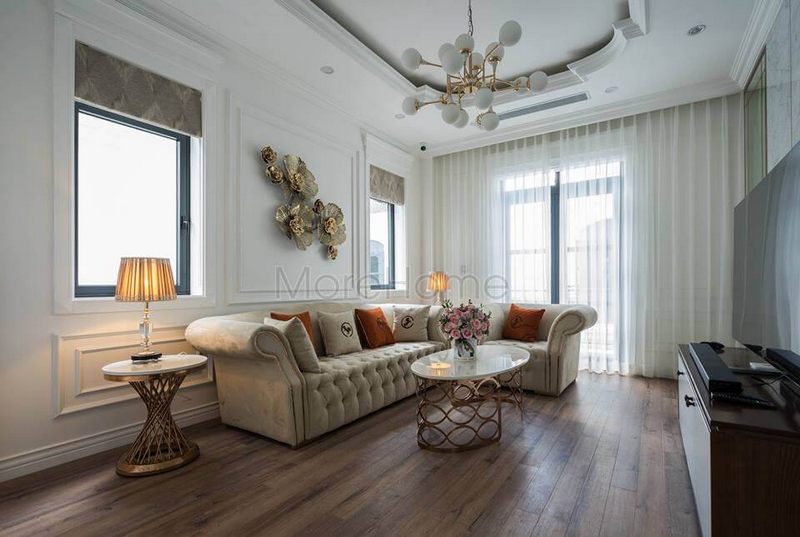 Thi công sofa bọc nỉ tân cổ điển trong không gian phòng khách biệt thự đẹp