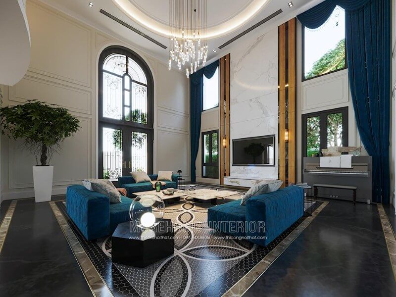 Trang trí nội thất phòng khách biệt thự đẹp với bộ sofa nỉ hiện đại sang trọng tại hải phòng