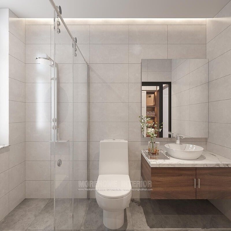 Thiết kế phòng tắm có diện tích nhỏ, ý tưởng thiết kế phòng tắm từ vách tắm kính cửa trượt trong đây vừa có thể giúp bạn ngăn cách không gian vừa giữ được sự thông thoáng cho cả căn phòng