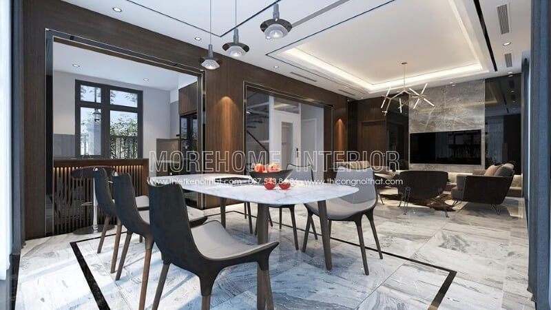 Bộ bàn ăn biệt thự với mẫu ghế hiện đại, mới lạ được đặt bên cạnh của sổ bằng kính tạo sự sang chảnh và lãng mạn cho bữa cơm gia đình