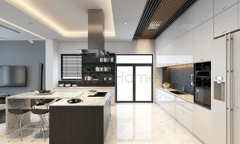Mẫu tủ bếp chữ i gỗ công nghiệp hiện đại, liền kề là chiếc bàn đảo tích hợp công năng là bàn ăn phụ tạo tiện nghi cho chủ nhân ngôi nhà