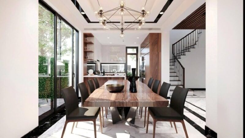 Trang trí nội thất phòng ăn sang trọng từ đồ nội thất cao cấp: bàn gỗ óc chó nguyên tấm, ghế gỗ hiện đại trên nền đá hoa cương .