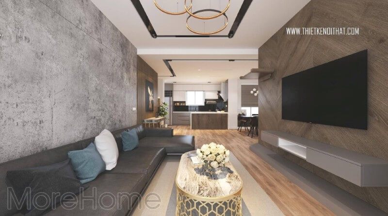 Thiết kế nội thất phòng khách với gam màu tối và sang trọng, cùng với phong cách hiện đại.